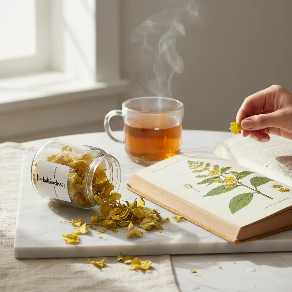 Hand inspecting mullein leaves near product jar