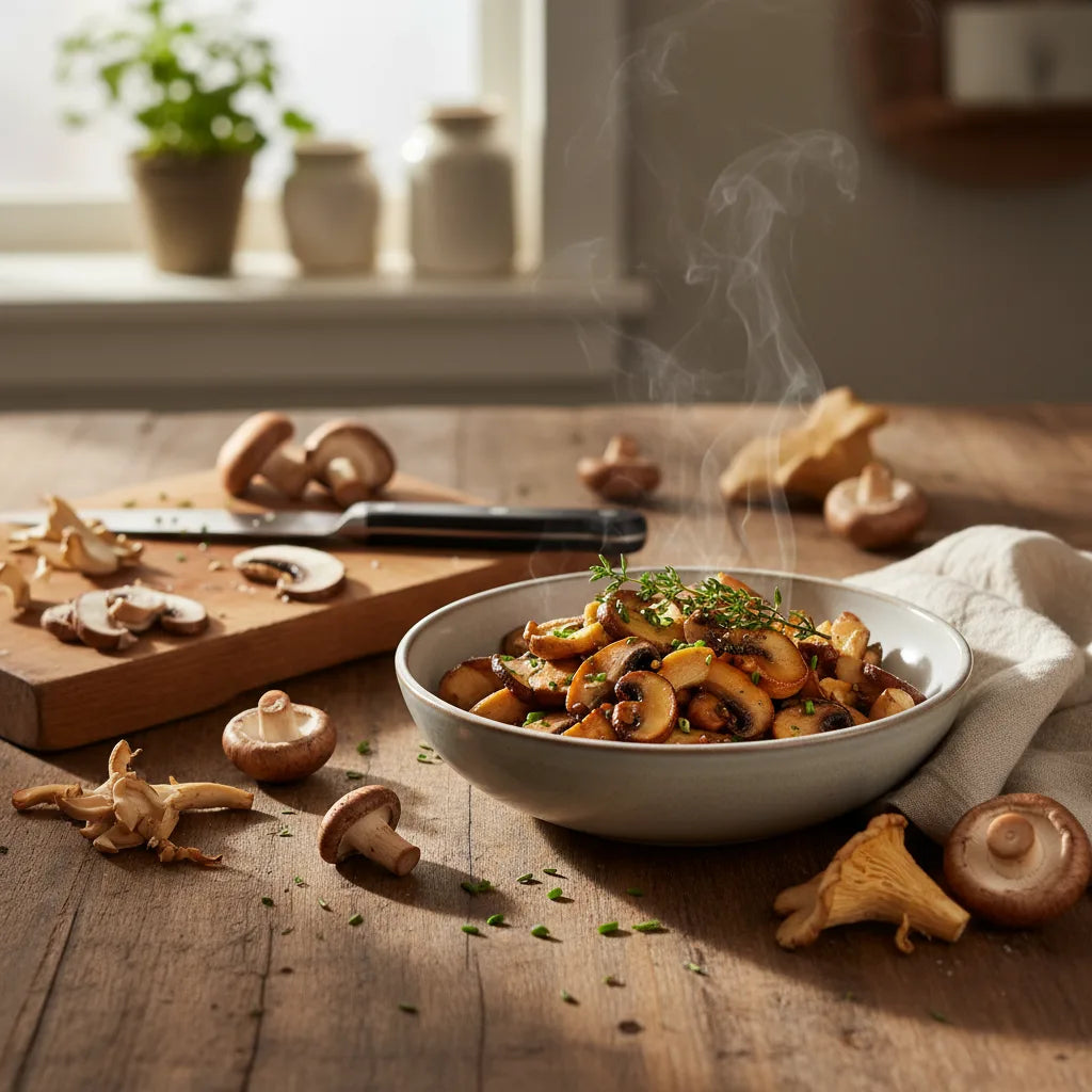 Steaming mixed mushroom dish on rustic table