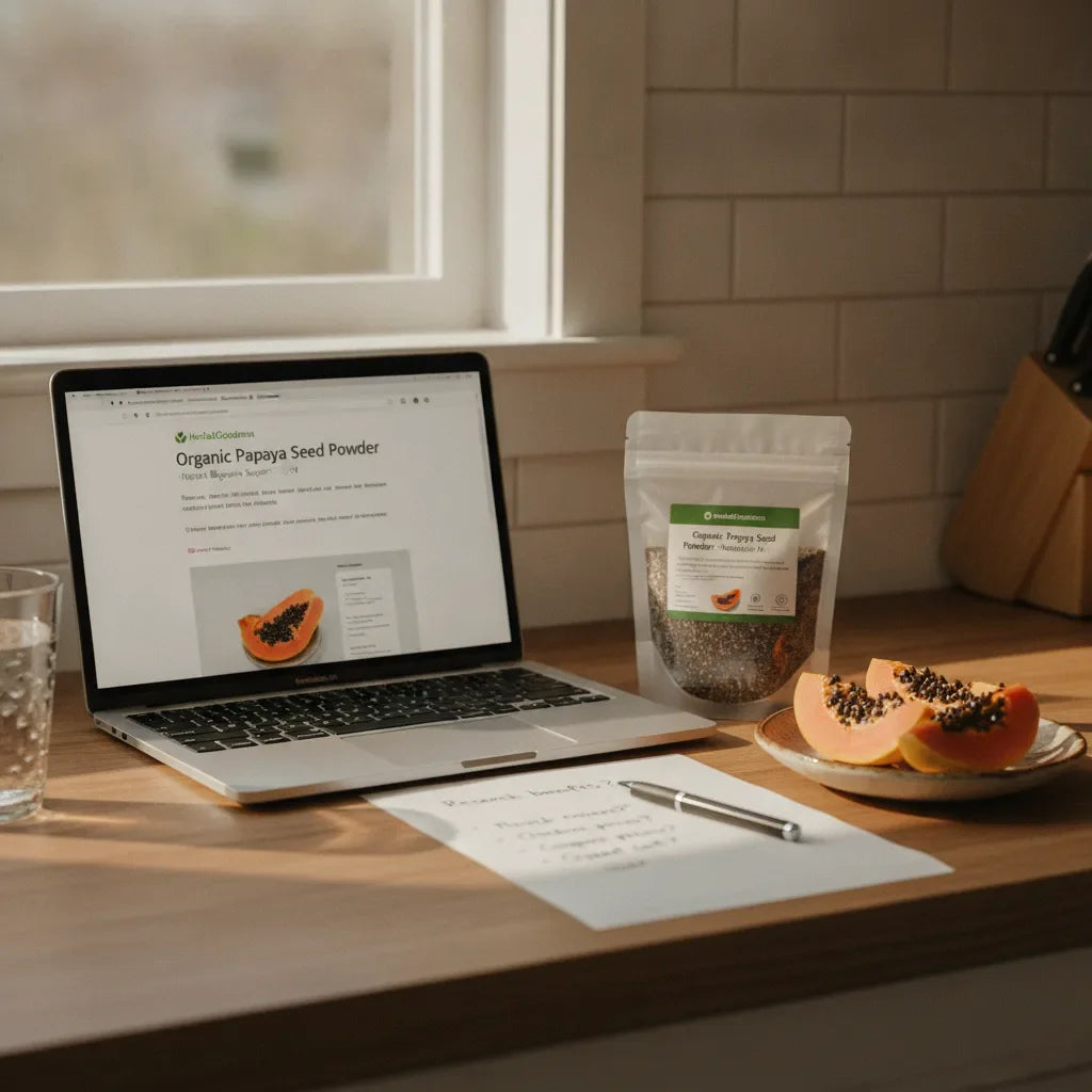 Laptop and papaya seed powder in kitchen