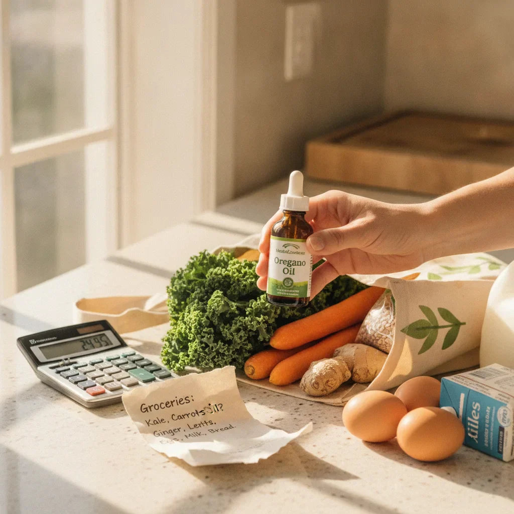Choosing oregano oil while unpacking groceries
