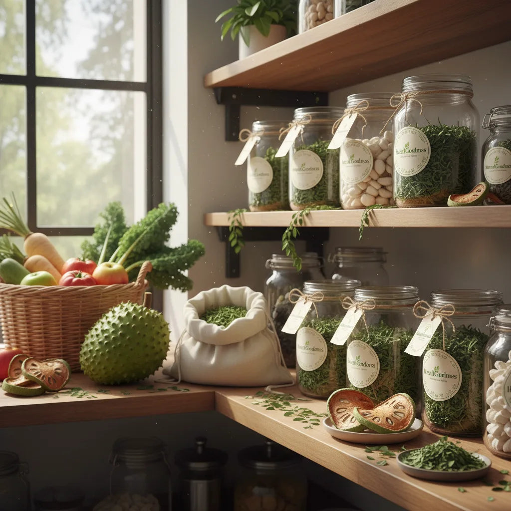 Sunlit pantry with soursop and moringa jars