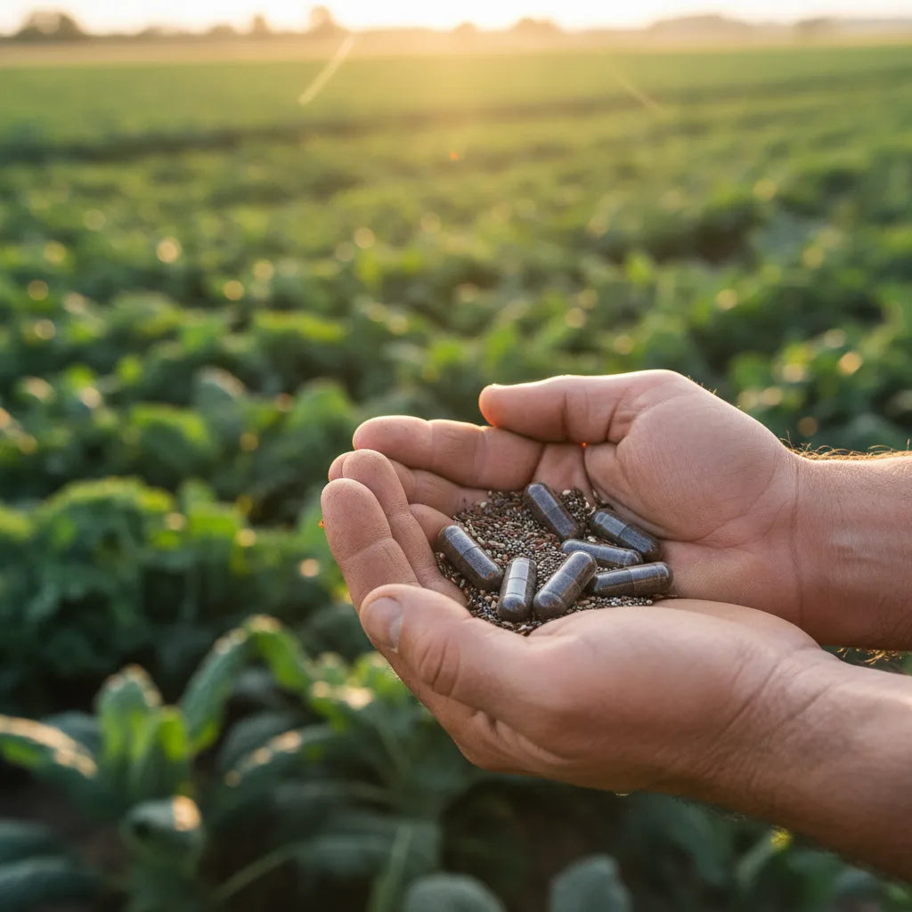 Farmer holding capsules and seeds outdoors