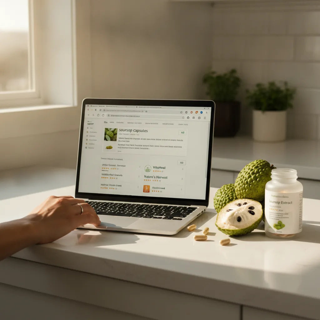 Comparing soursop capsule listings on laptop