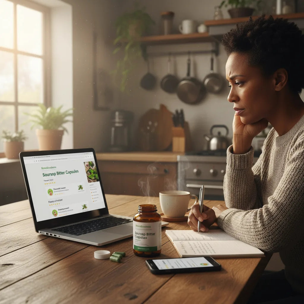 Person researching soursop capsules online reviews