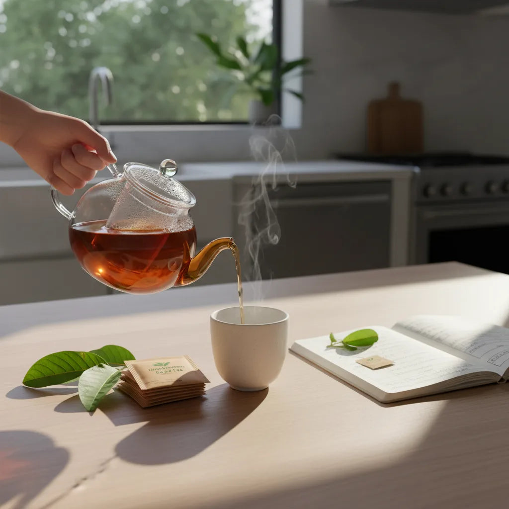 Pouring guava leaf tea in sunlit kitchen