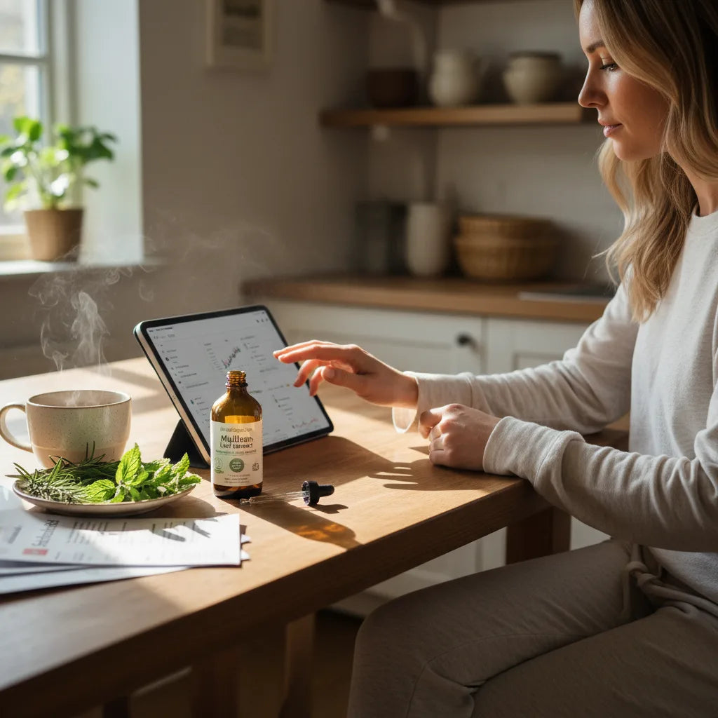 Woman researching mullein extract savings at home