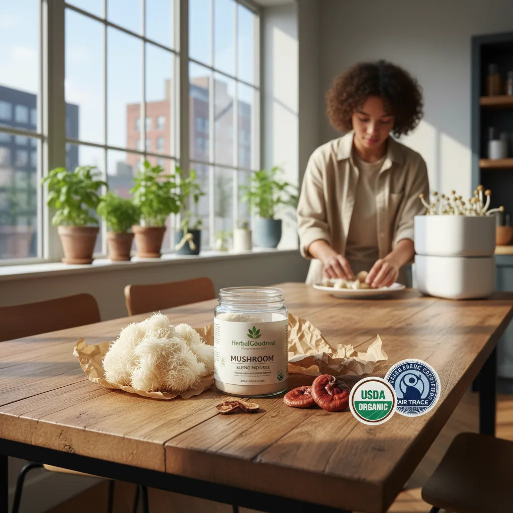 Eco-friendly adaptogen blend and indoor mushrooms