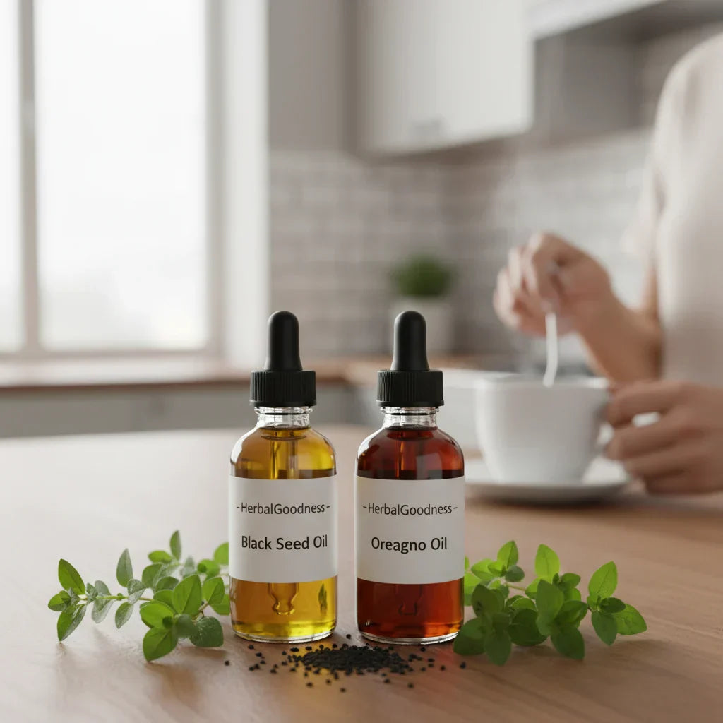 Oregano and black seed oils on countertop
