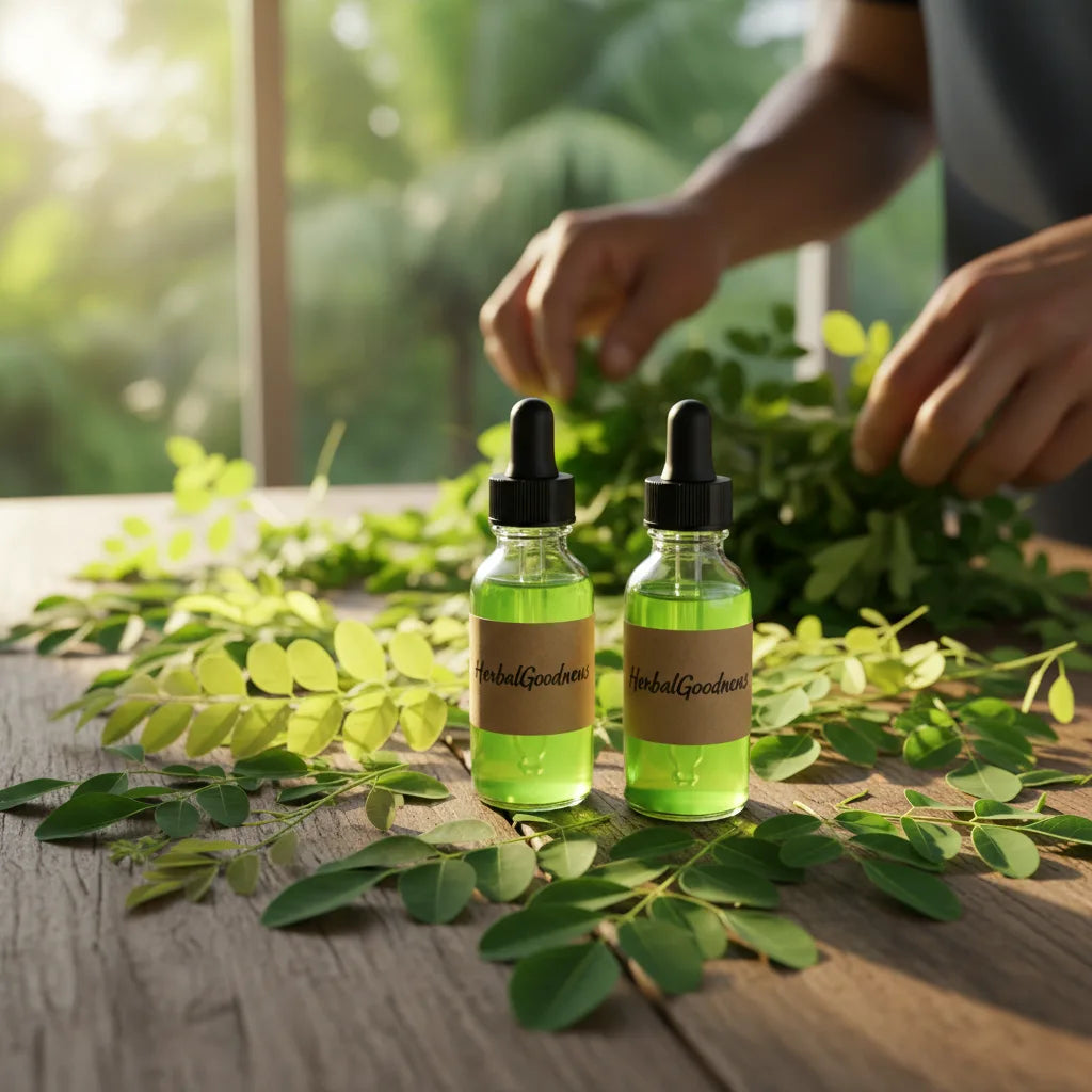 Various moringa leaves and liquid extract bottles