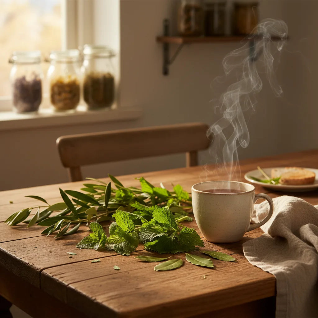 Fresh herbs and tea on kitchen table