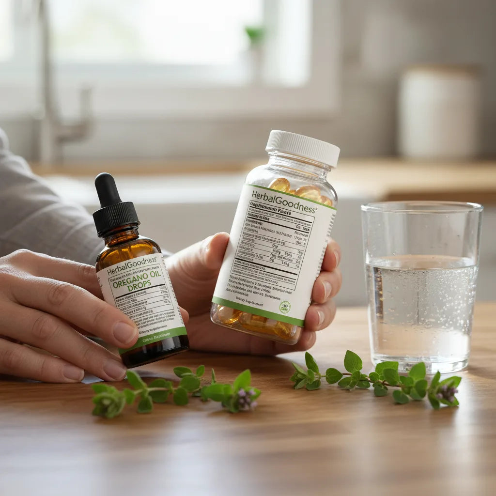 Comparing oregano oil drops and capsules labels
