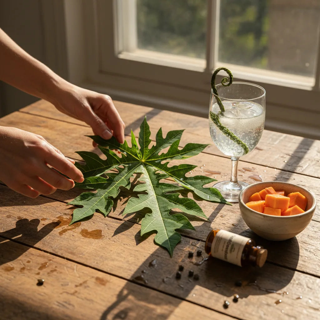 Papaya leaf and bitters in sunlit kitchen