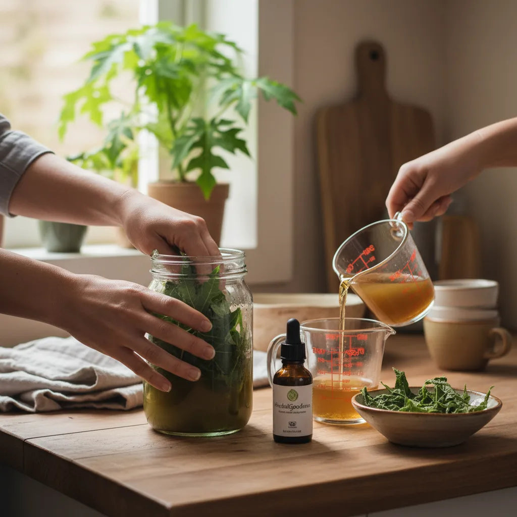 Making papaya leaf tincture in kitchen