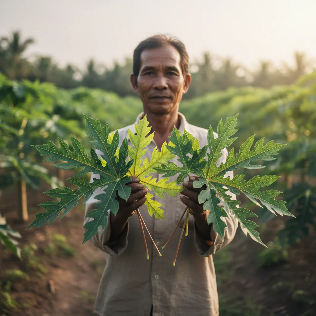 Farmer holding different papaya leaves outdoors