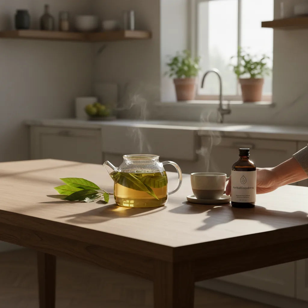 Avocado leaf tea brewing in morning kitchen