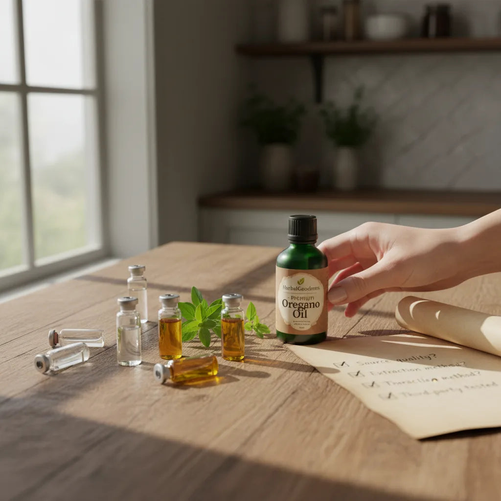 Hand reaching for HerbalGoodness oregano oil bottle