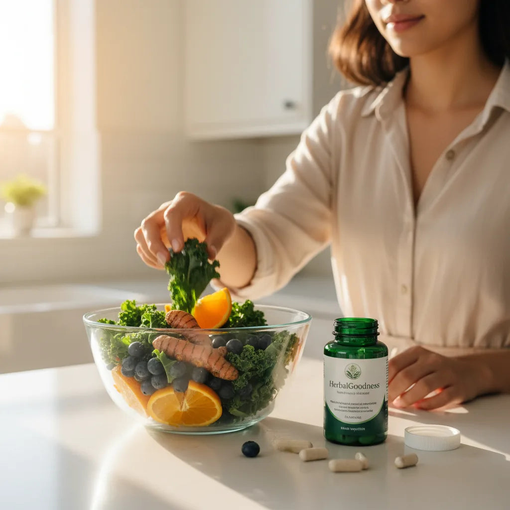 Woman reaching for plant-based skin supplements