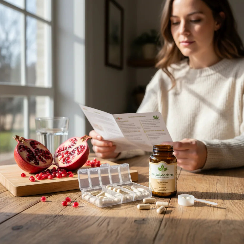 Person reviews supplement label at kitchen table