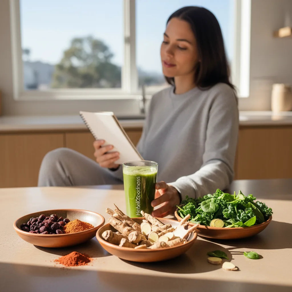 Woman explores plant supplements at breakfast table