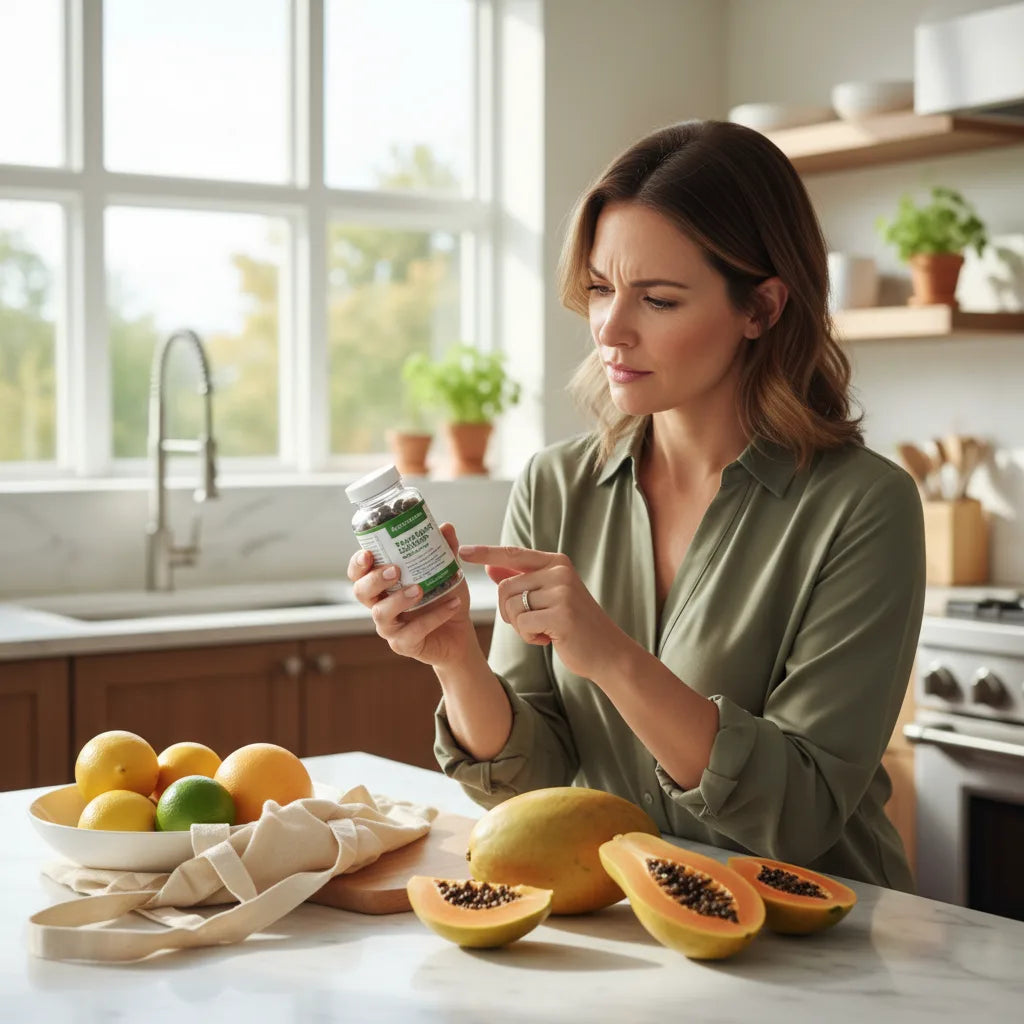 Shopper reading papaya seed capsule label