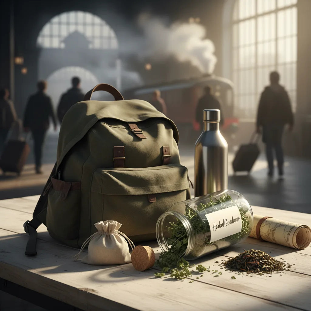 Backpack with mullein jar at train station