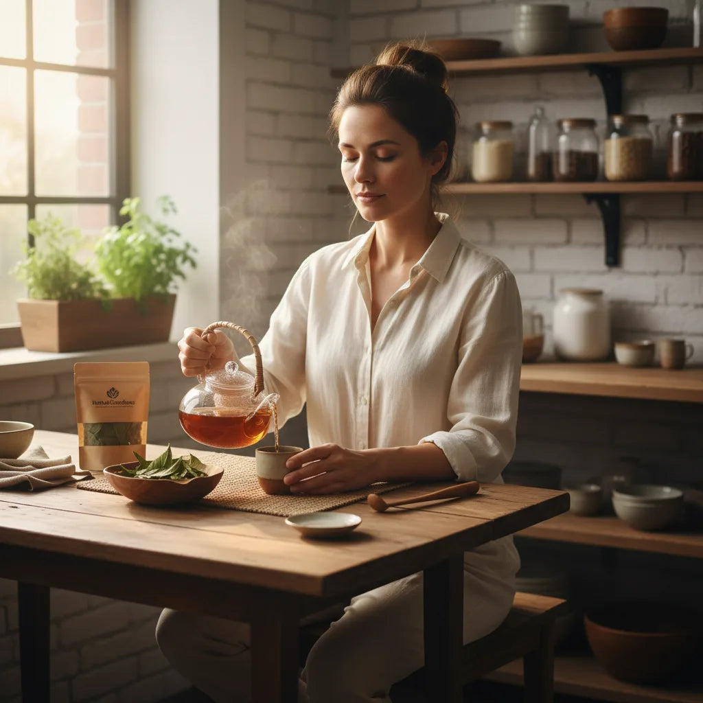 Woman practices guava leaf tea ritual