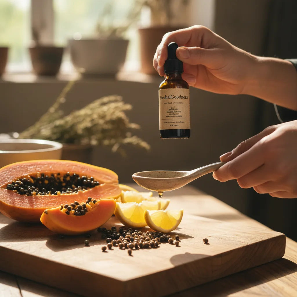 Papaya seed extract dropper with fresh fruit.