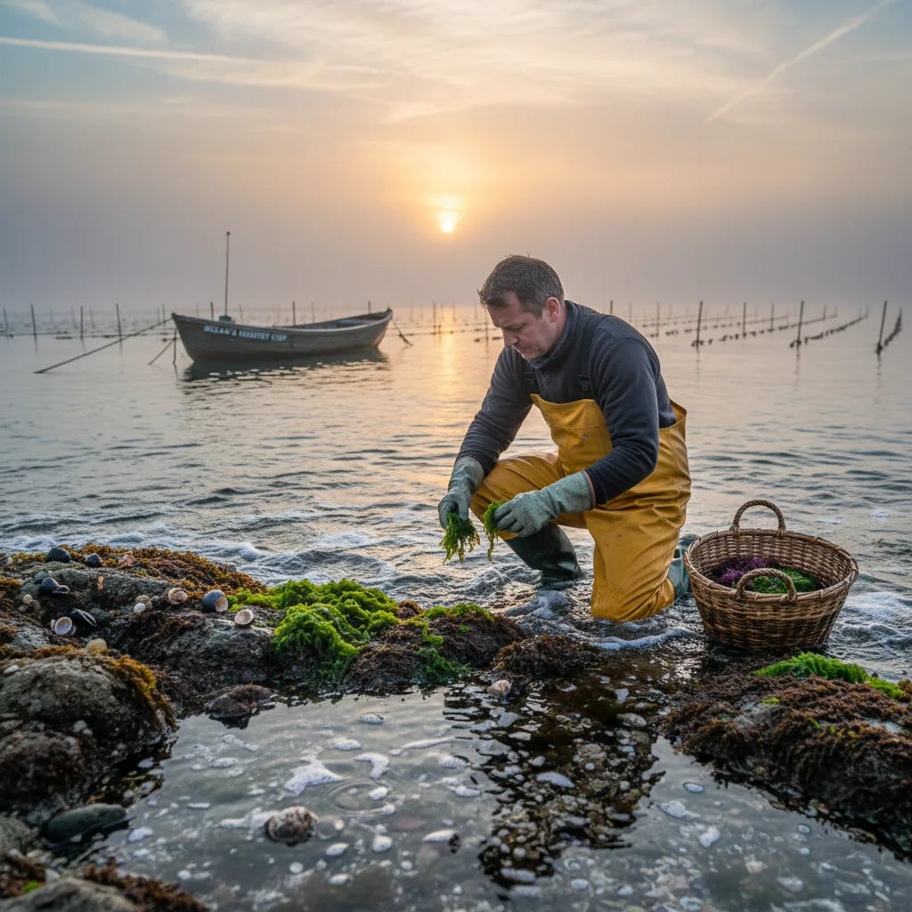 Local harvester gathering sea moss at dawn