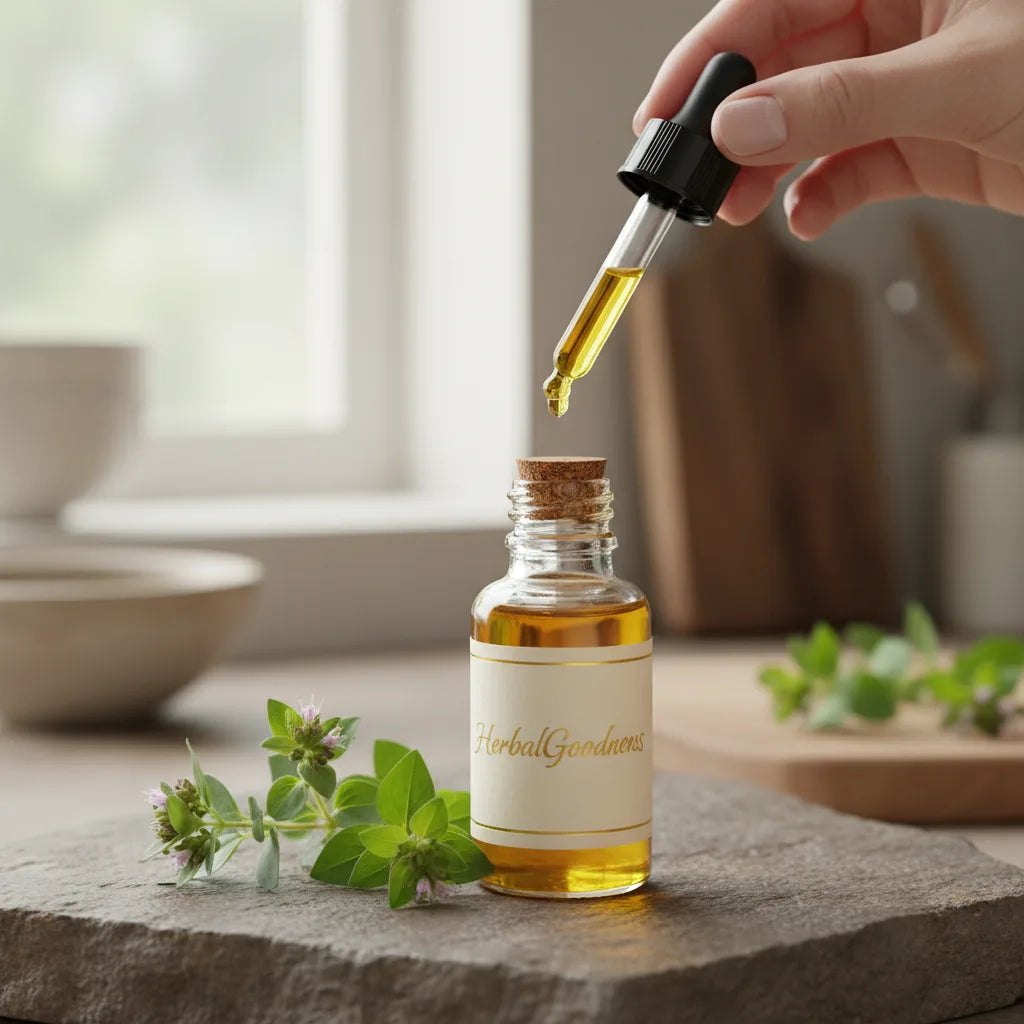 Hand lifts oregano oil dropper, natural light