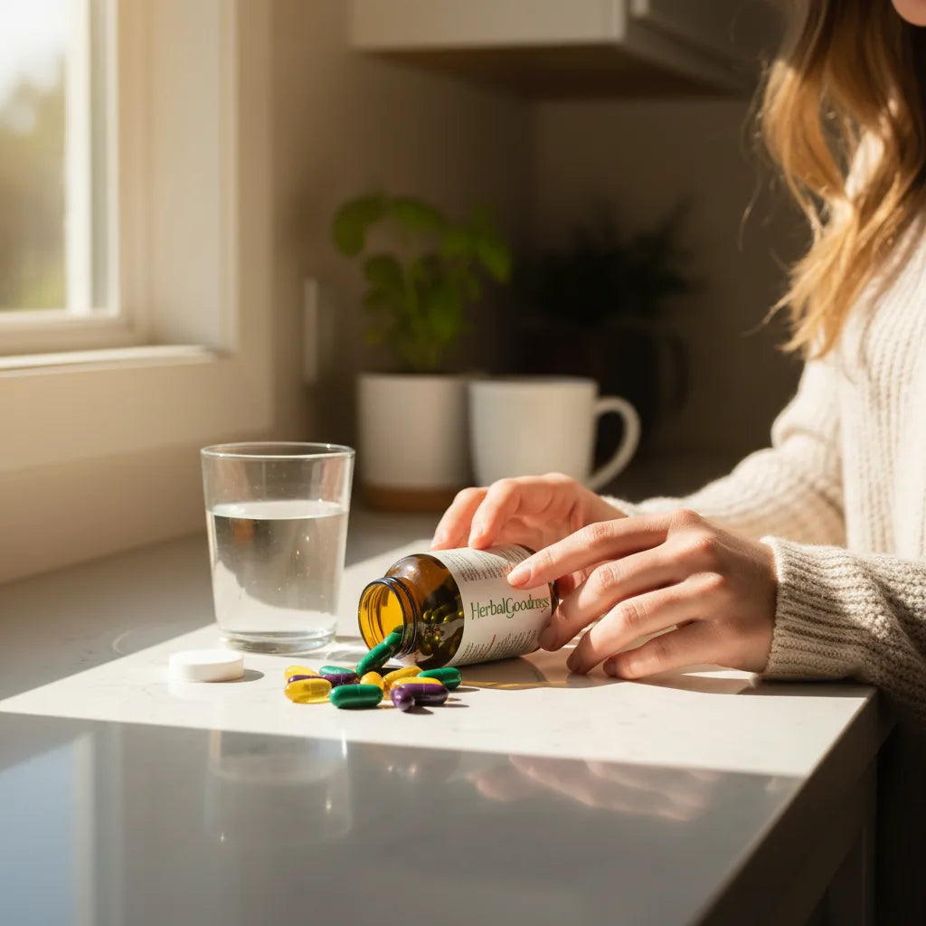 Woman checking herbal supplement label thoughtfully