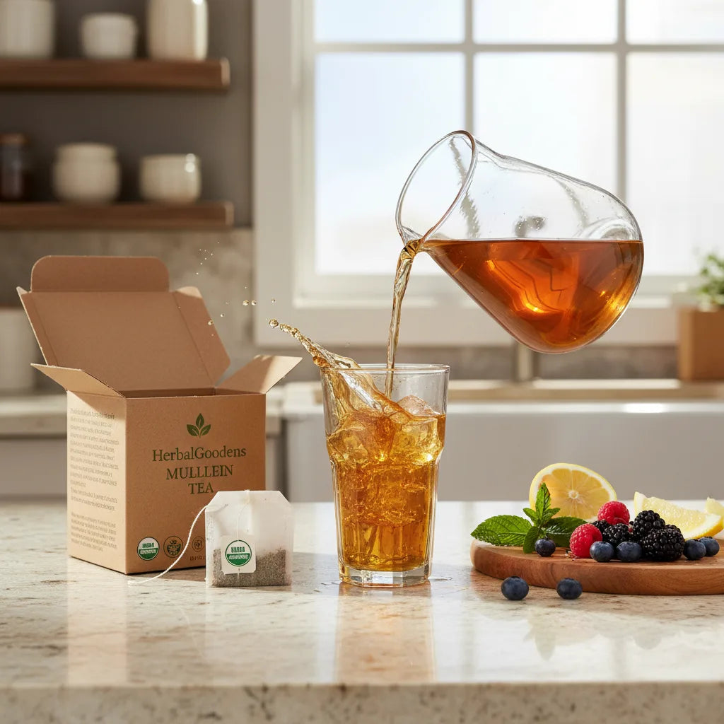 Pouring mullein iced tea with herbal accents