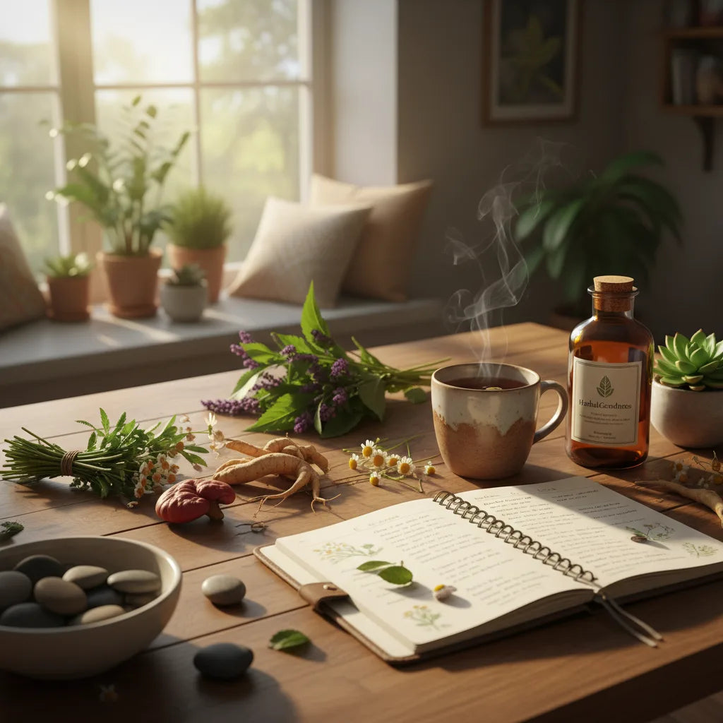 Sunlit herbal supplements and open wellness journal