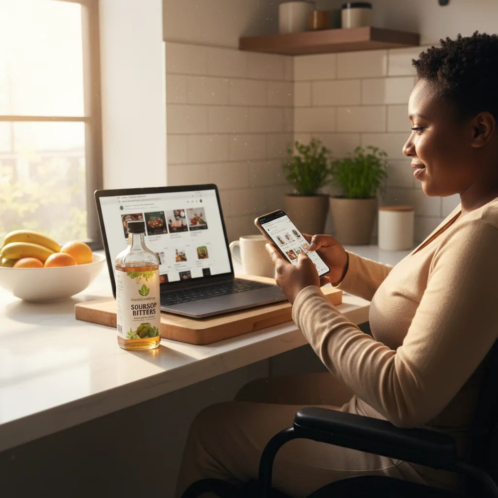 Person shopping online for soursop bitters