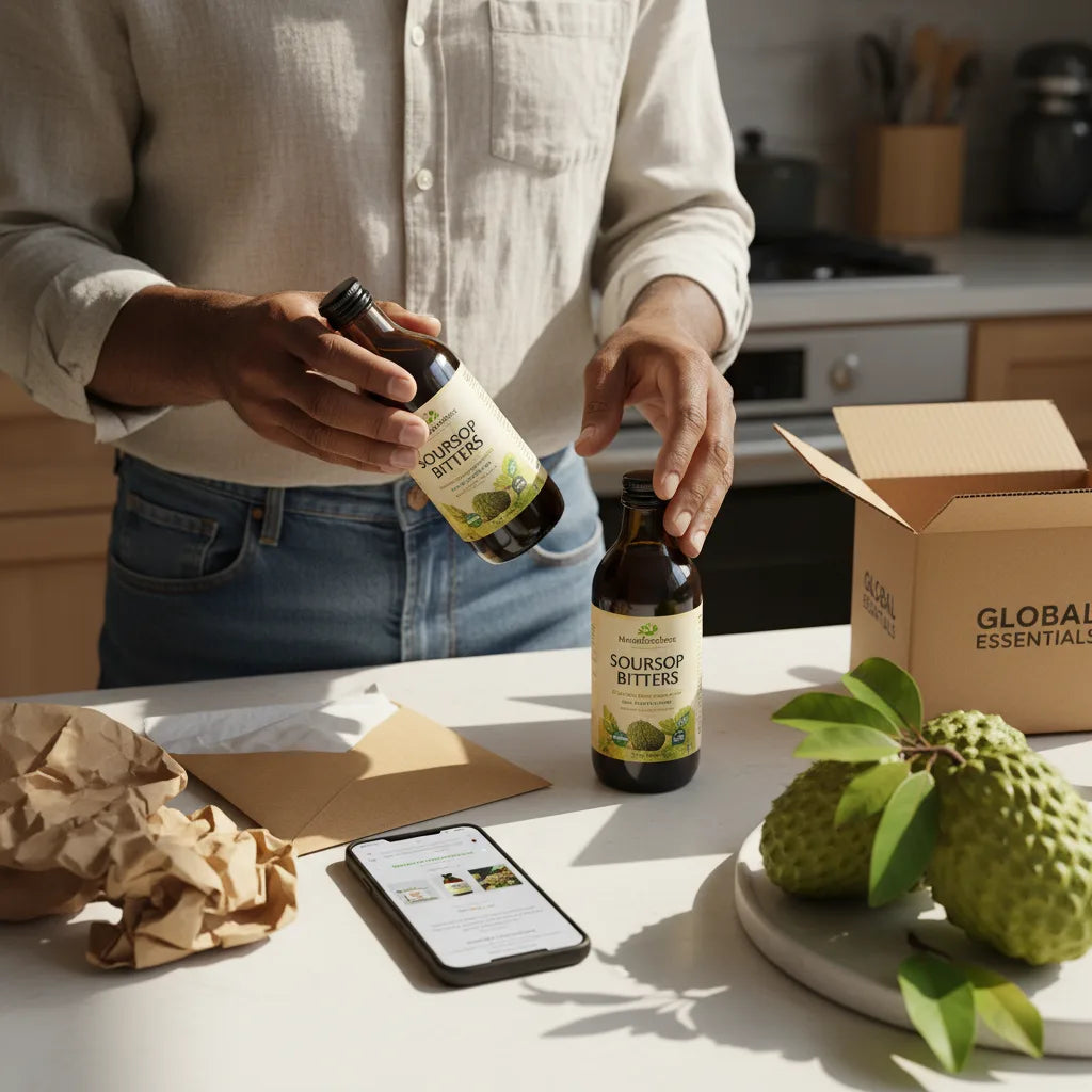 Shopper closely examines soursop bitters bottles