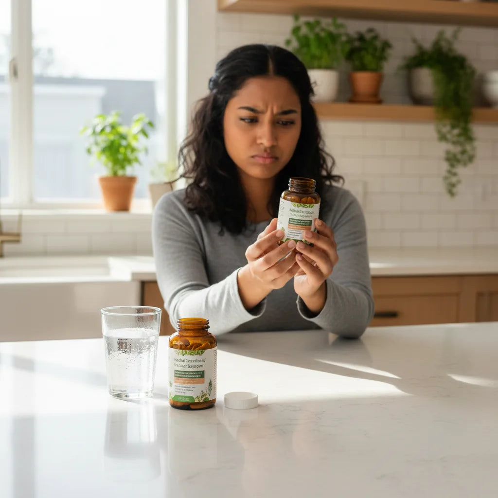 Person examining supplement label in kitchen