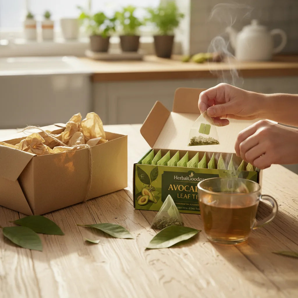 Unboxing avocado leaf tea in kitchen