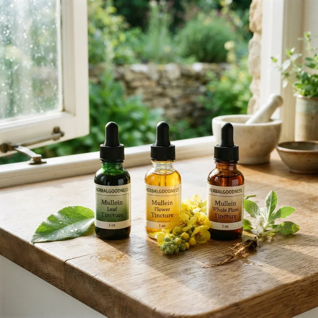Three varieties of mullein extract bottles displayed