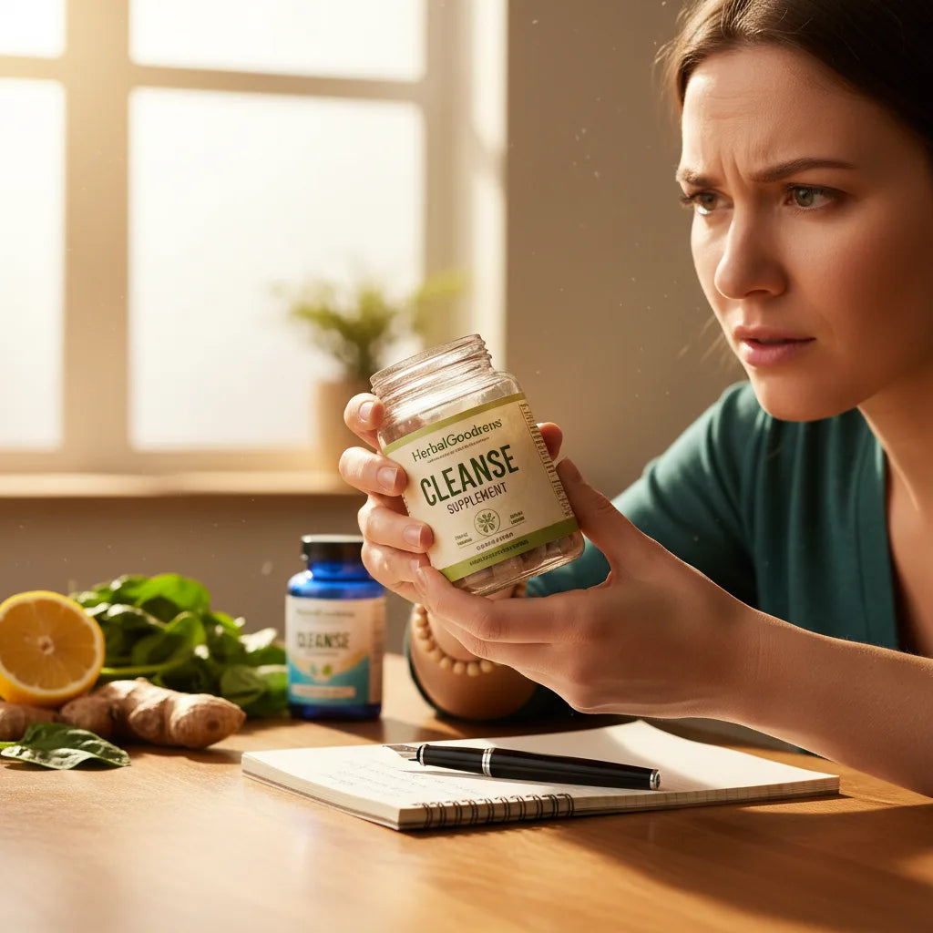 Person studies HerbalGoodness cleanse jar label