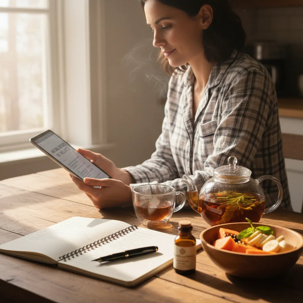Person reading tablet with papaya tea