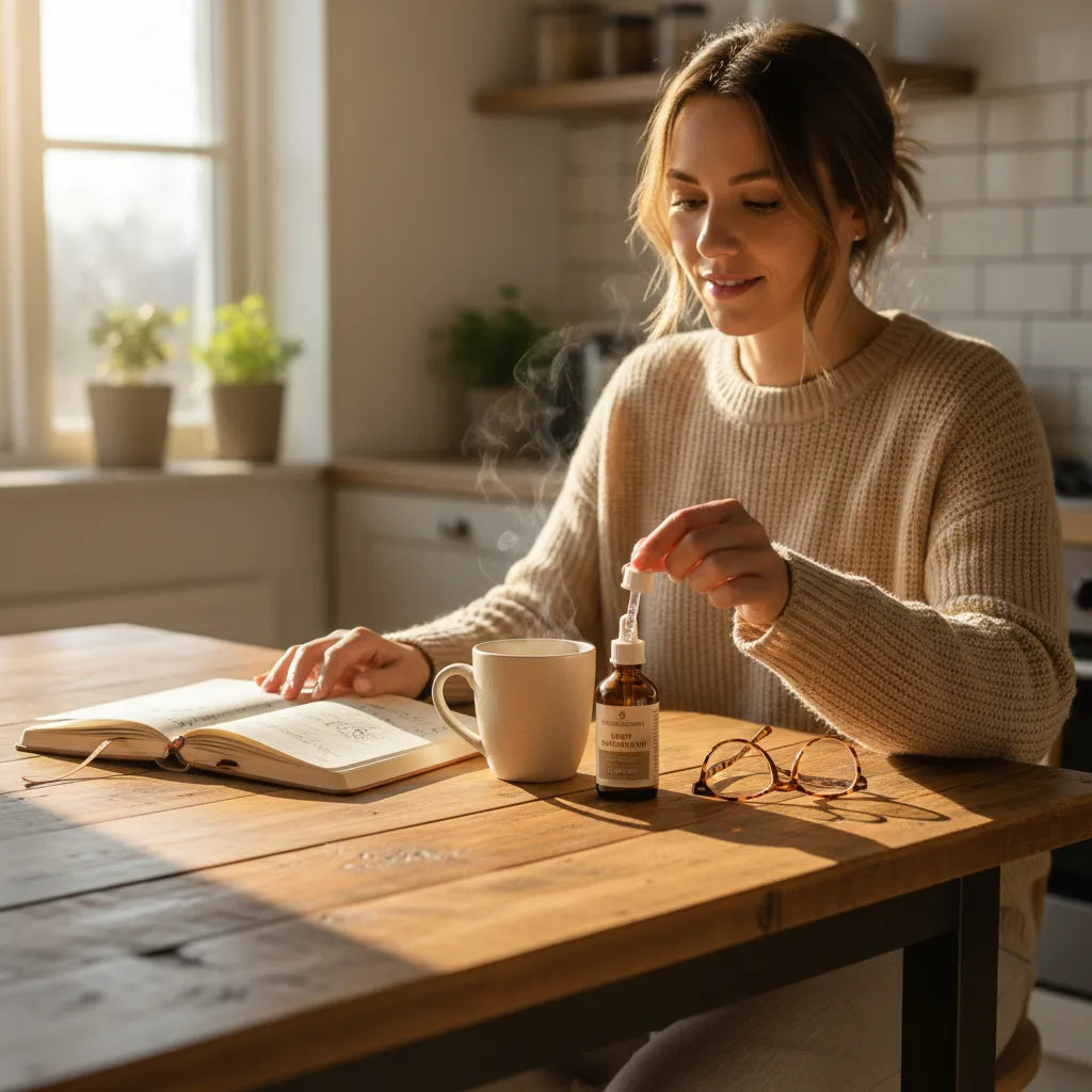 Woman journaling beside oil of oregano