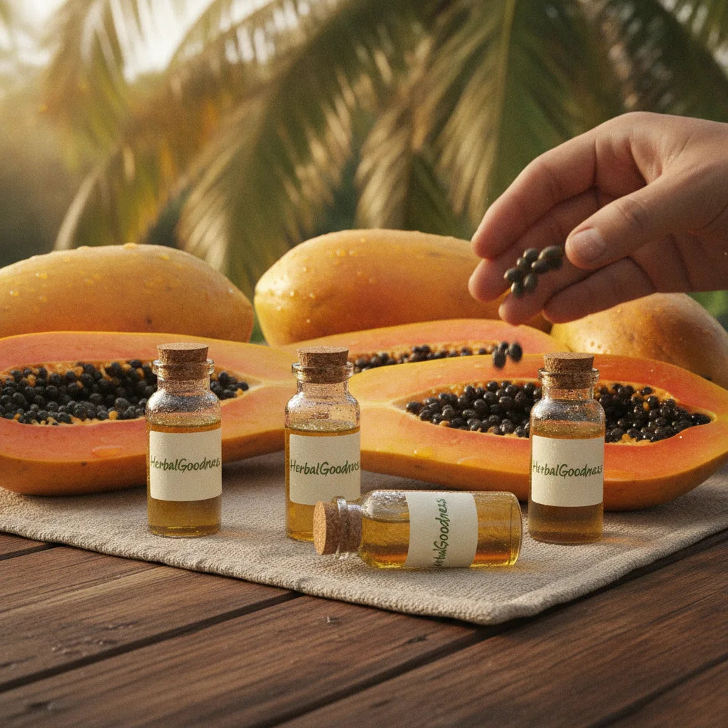 Varied papayas and seed liquids outdoors displayed