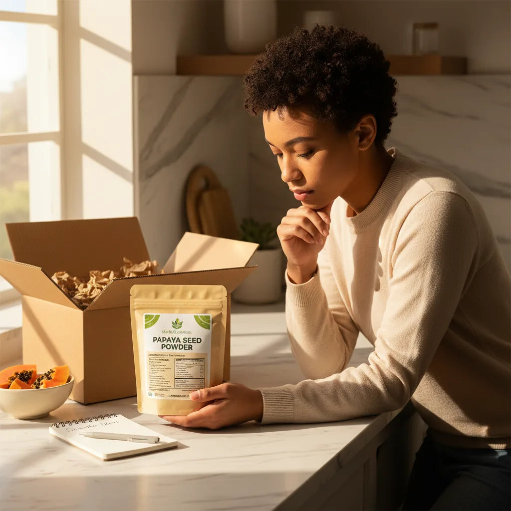 Papaya seed powder delivery unpacked in kitchen