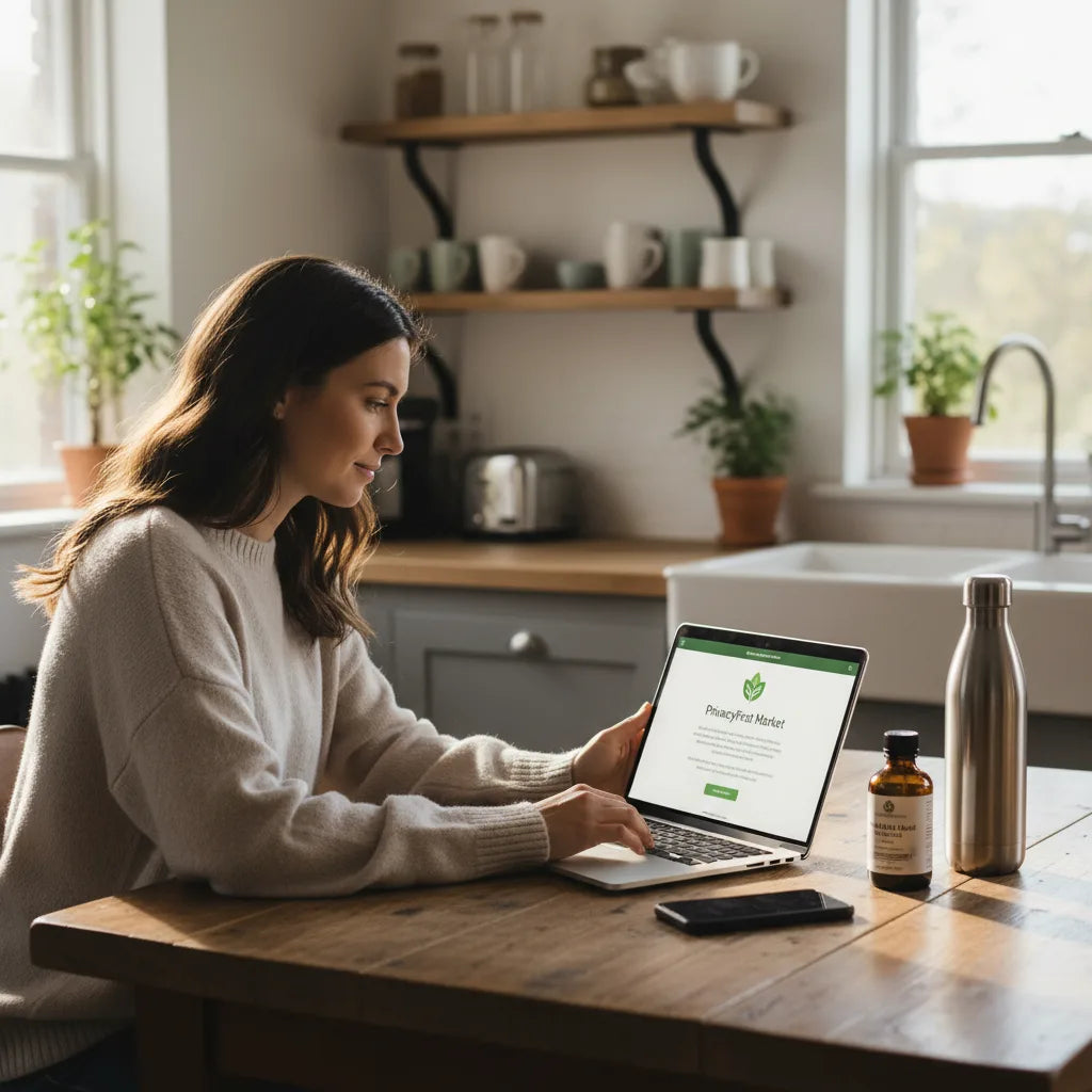 Woman shopping online for privacy-safe supplements