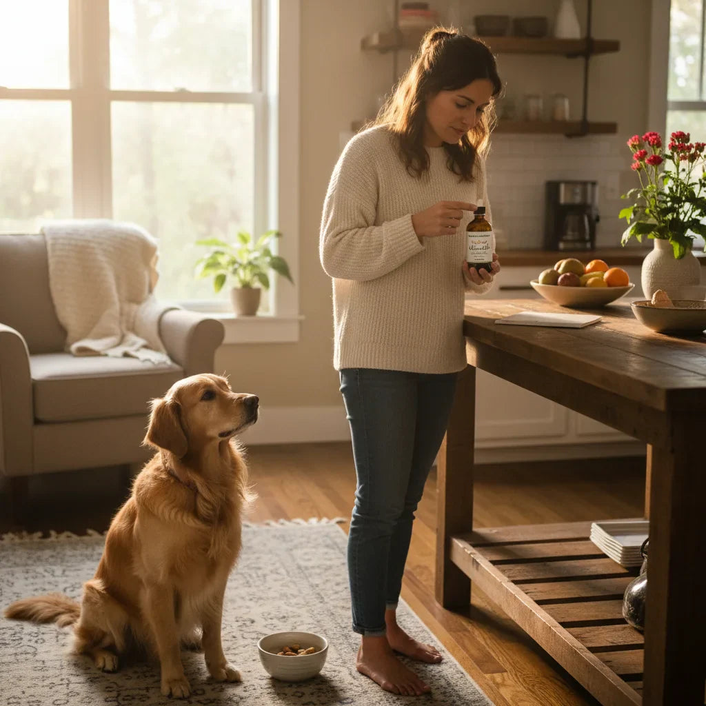 Owner examines guava extract with pet dog