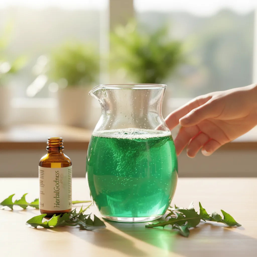 Homemade dandelion drink in sunlit kitchen
