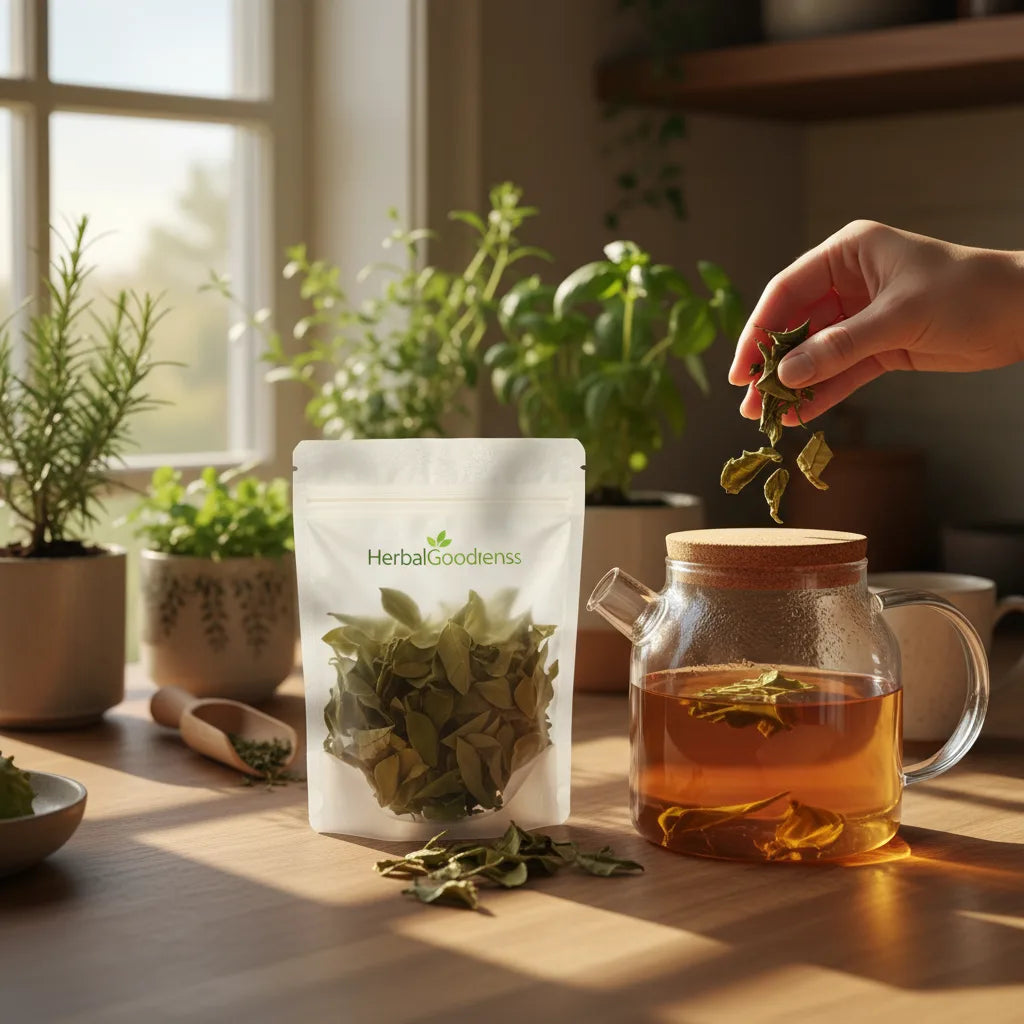 Loose-leaf soursop tea in clear bag