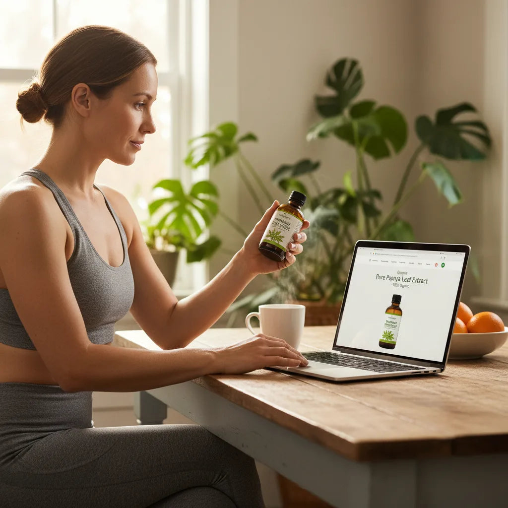 Woman comparing papaya leaf product options