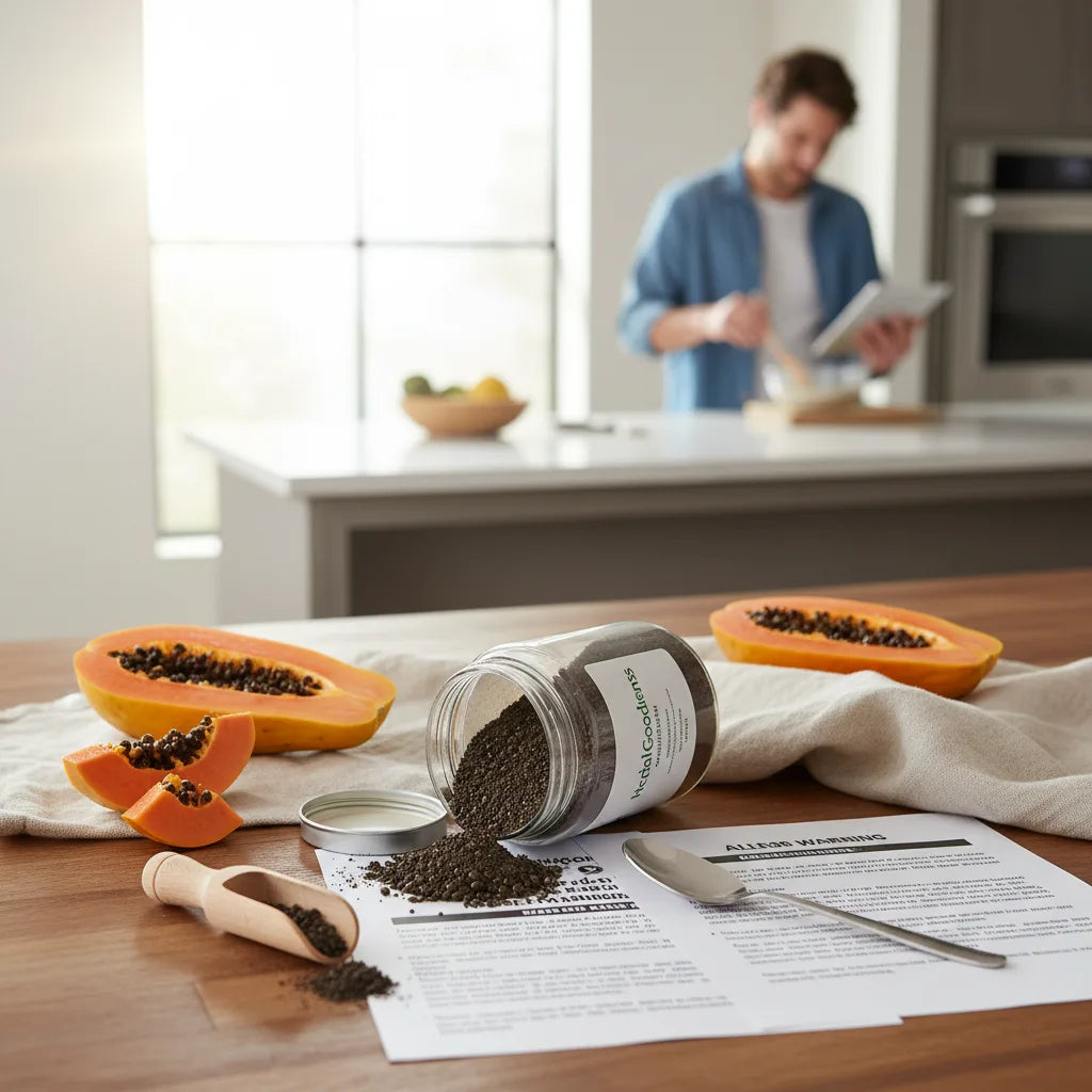 Kitchen scene with papaya seed powder safety