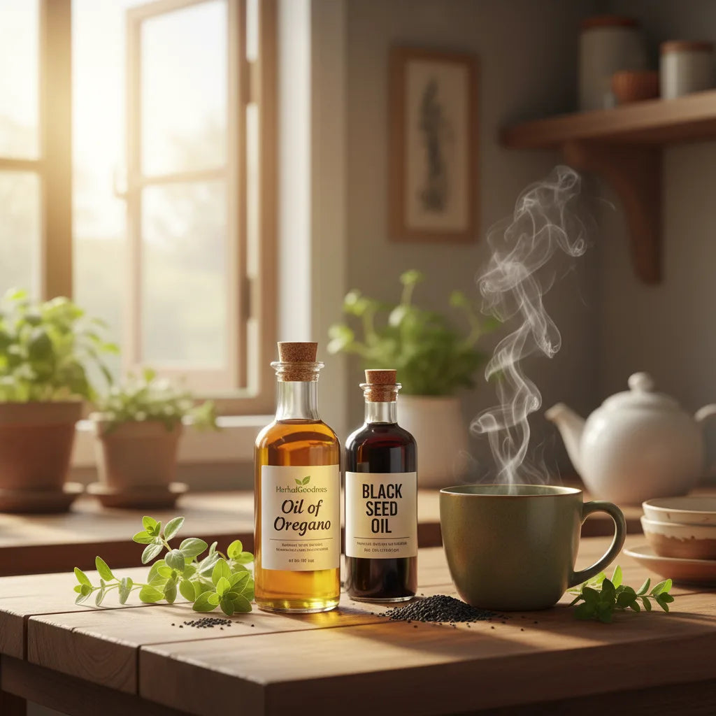 Natural morning ritual with herbal oils displayed