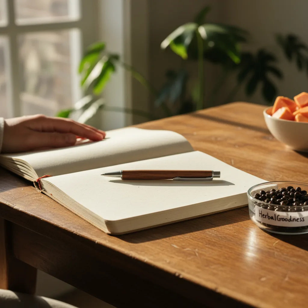 Journaling setup with papaya seed capsules